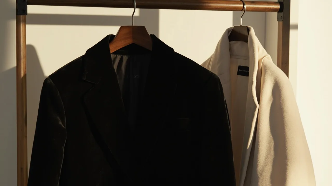 Veste en velours noir suspendue sur un cintre large en bois dans une armoire claire