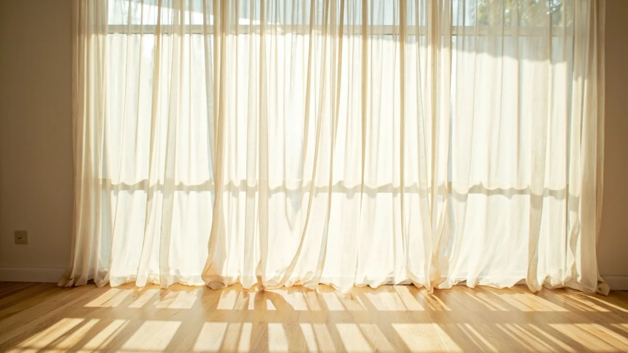 Rideaux en voile de lin ivoire filtrant la lumière du jour dans un salon lumineux, tissu translucide