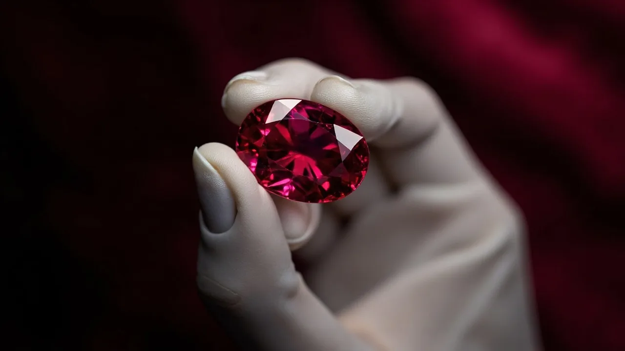 Rubis ovale rouge sang de pigeon tenu par une main gantée de blanc sur velours noir