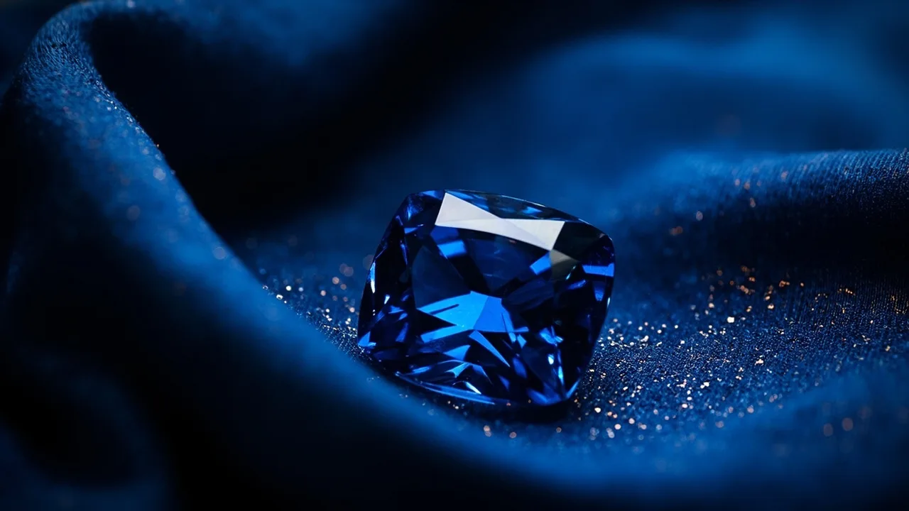 Saphir taille coussin d'un bleu velours profond posé sur une soie bleu nuit