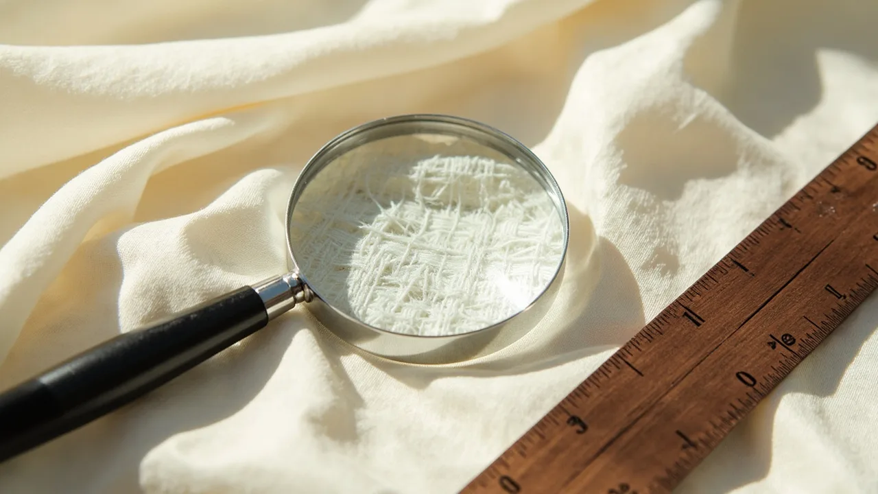 Loupe posée sur un coupon de satin de coton pour examiner la densité des fils