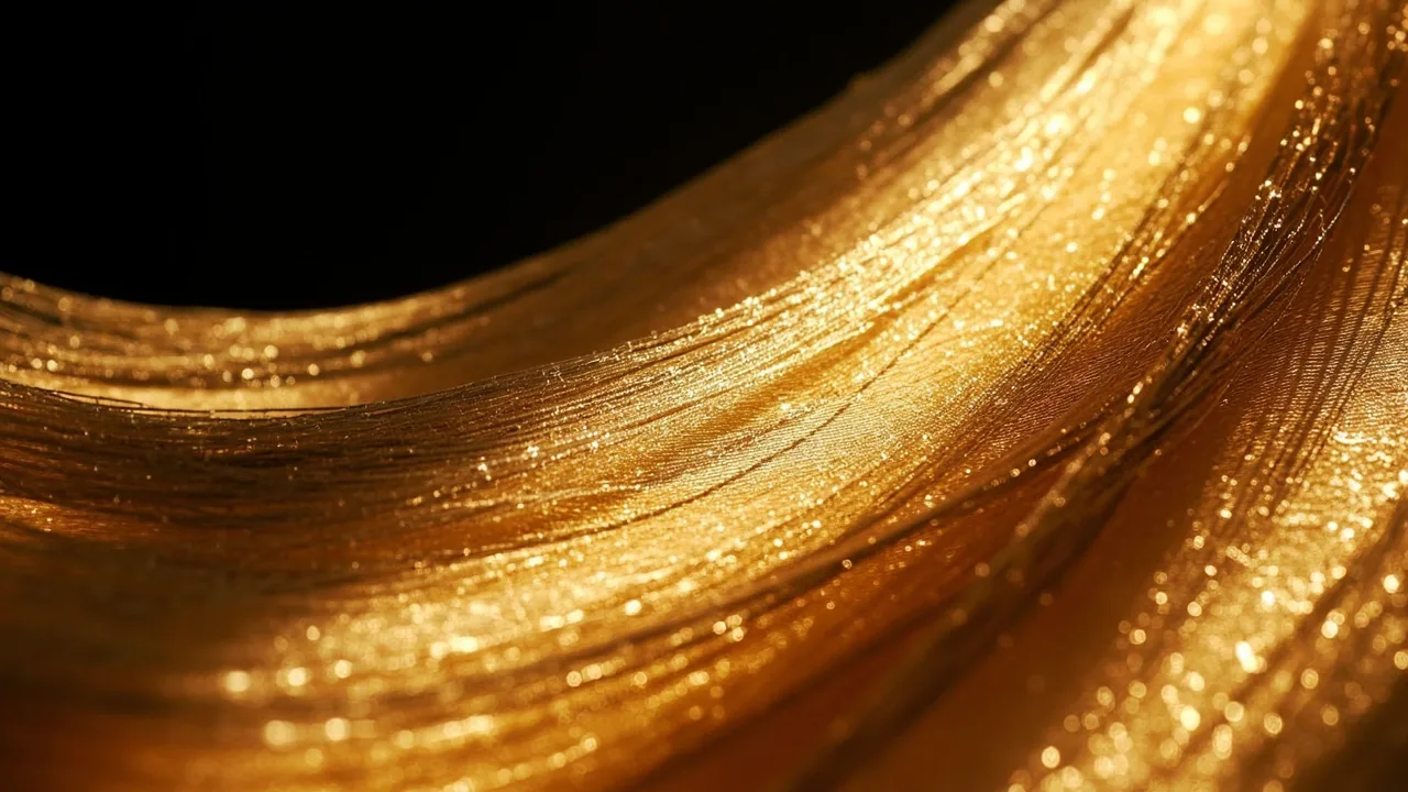 Macrophotographie des fils de chaîne flottants d'un satin champagne sur fond noir