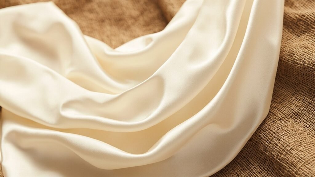 Coupon de satin ivoire drapé en vagues sur fond de lin brut, révélant le lustre du tissage