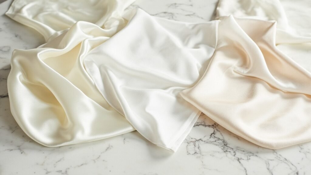 Comparatif visuel de trois satins : soie, coton et polyester drapés côte à côte sur un comptoir de marbre