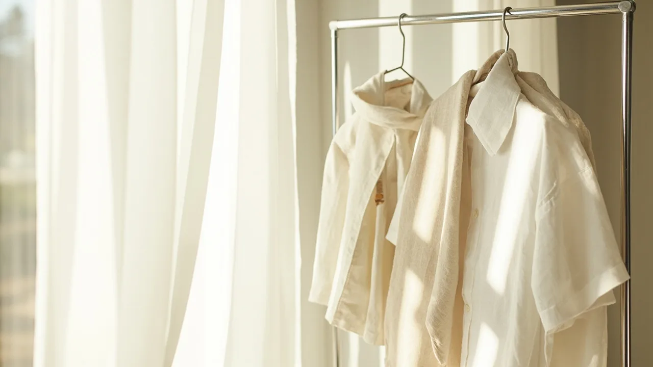 Draps en lin blanc séchant à l'air libre près d'une fenêtre