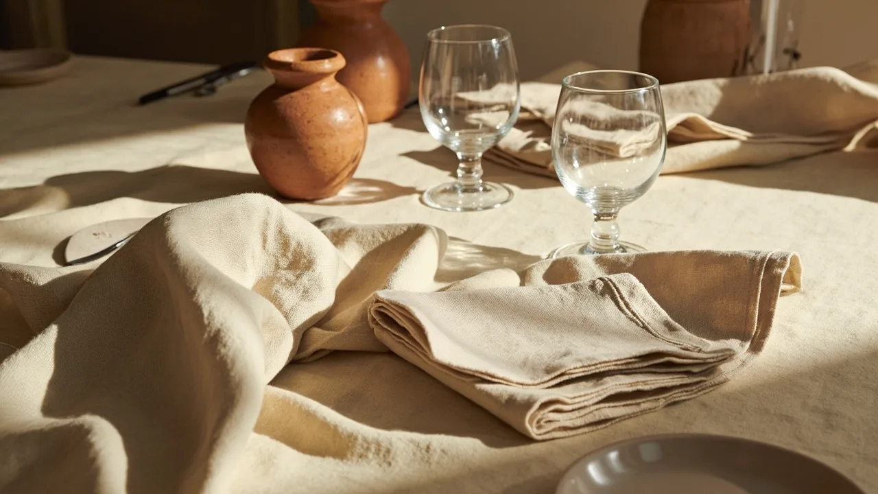 Table dressée avec nappe en lin naturel beige tombant en plis souples, serviettes en lin pliées, vaisselle de terre cuite