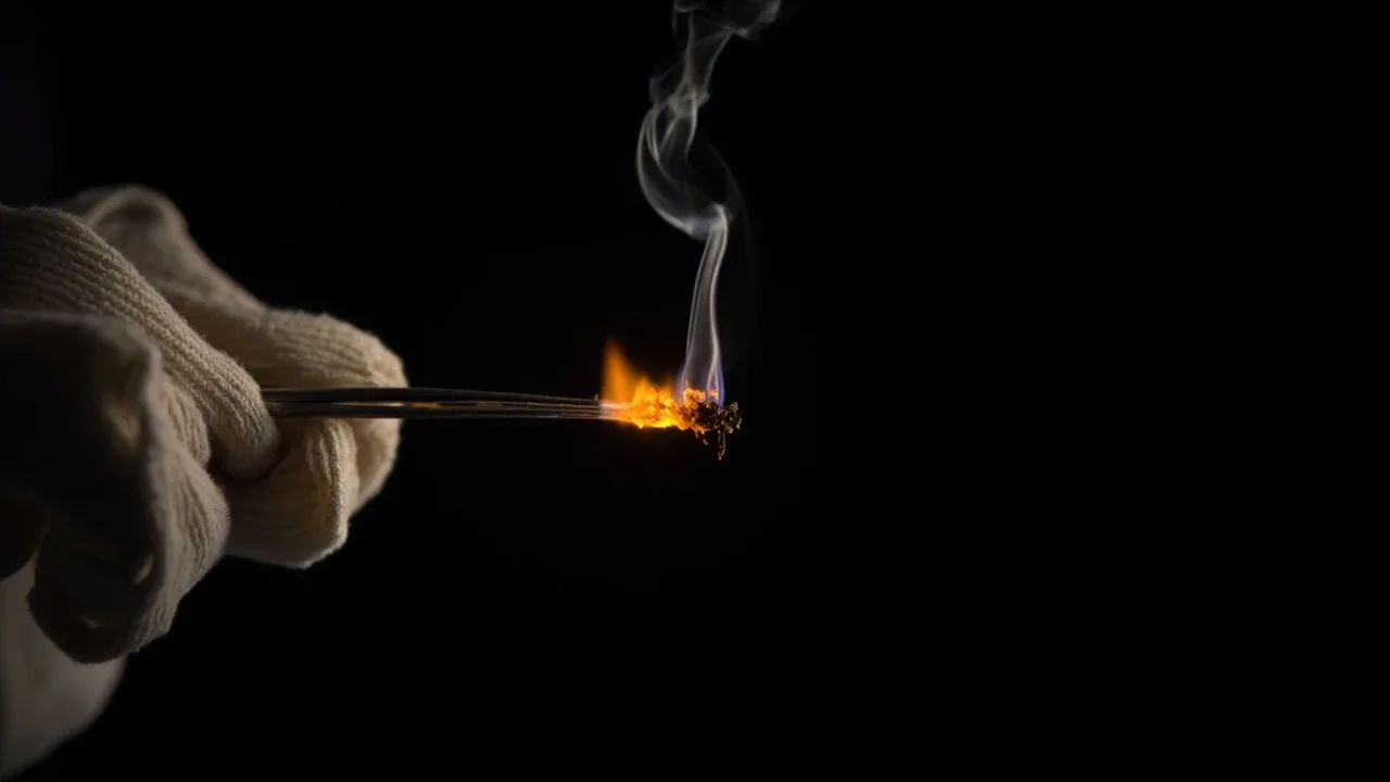 Test du brûlé-fil : un fil de soie tenu à la pince au-dessus d'une flamme, braise orangée et volute de fumée fine