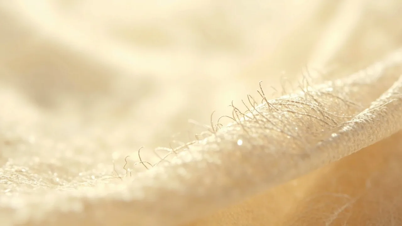 Trame d'un tissu de soie crème vue à la loupe : fils de chaîne et de trame croisés, légères irrégularités naturelles