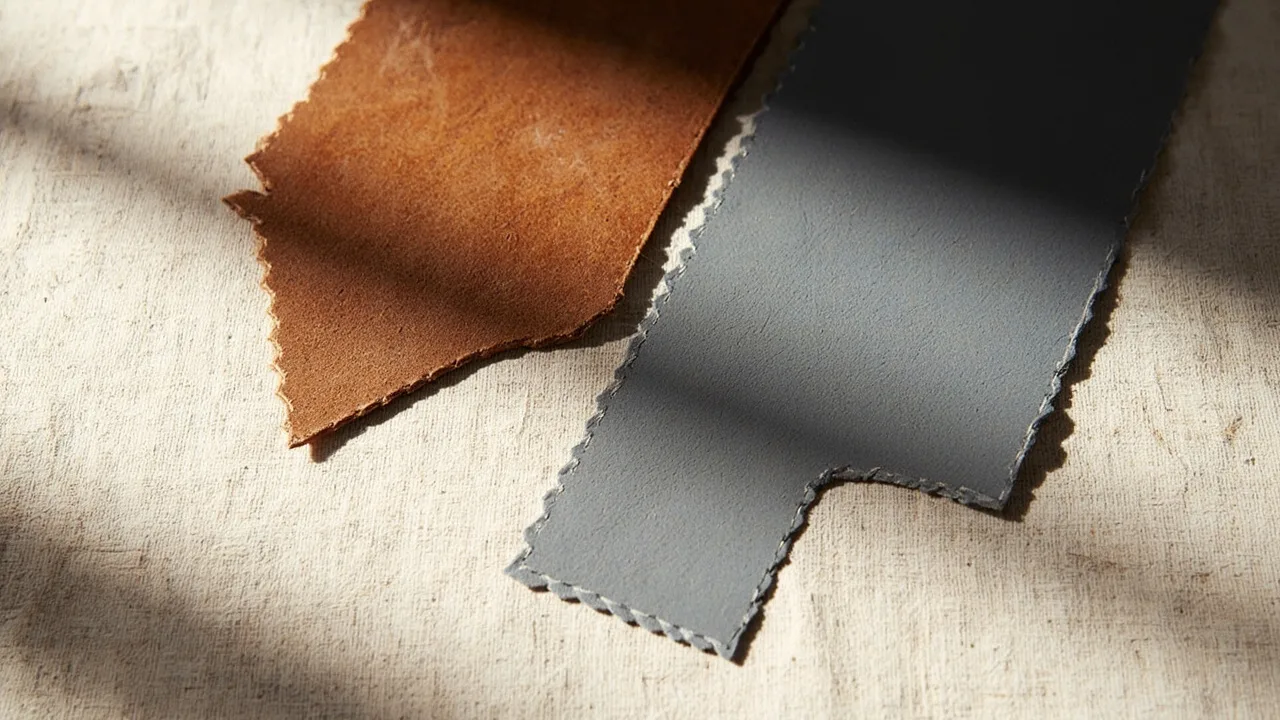 Deux échantillons de cuir côte à côte sur lin ivoire : tannage végétal brun caramel et tannage au chrome gris bleu