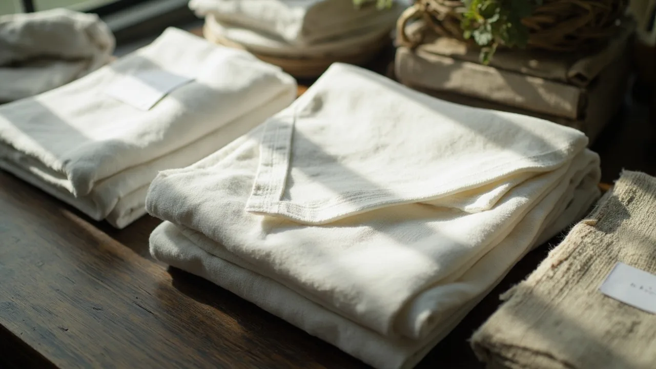 Tri de linge de maison en lin blanc et naturel sur une table en bois