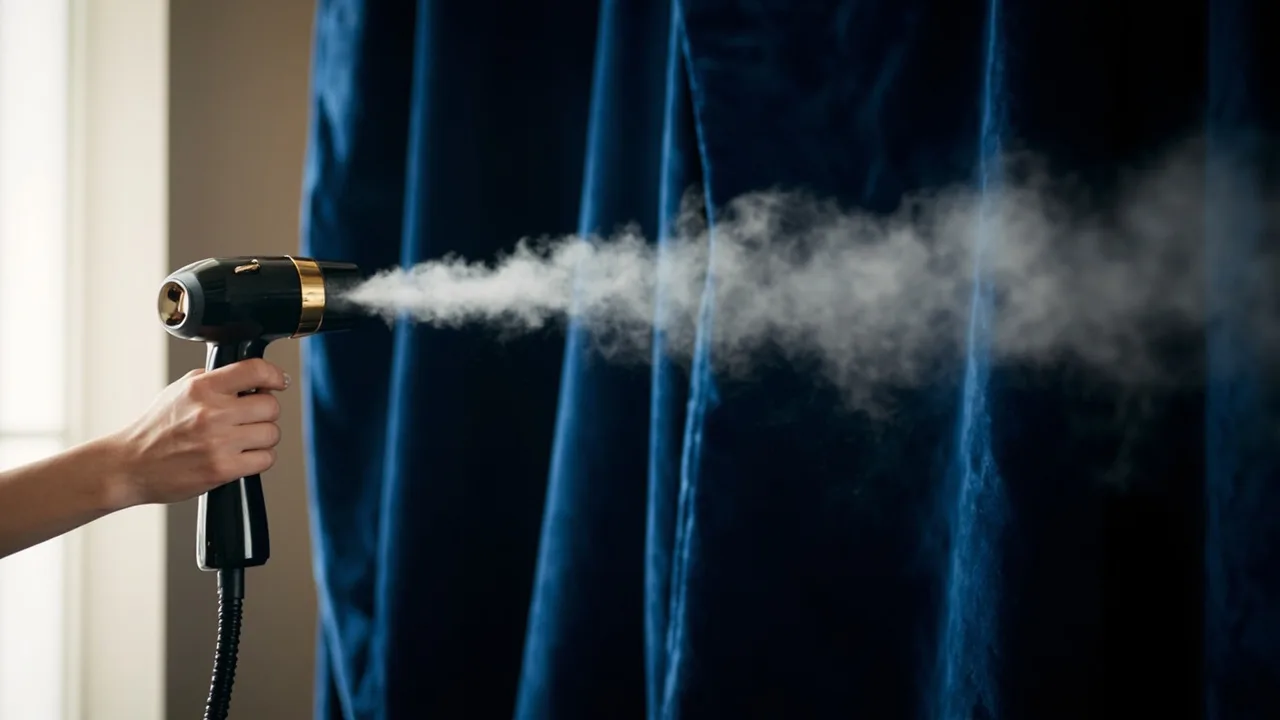 Défroisseur vapeur tenu à distance d'un rideau en velours bleu nuit pour redresser le poil