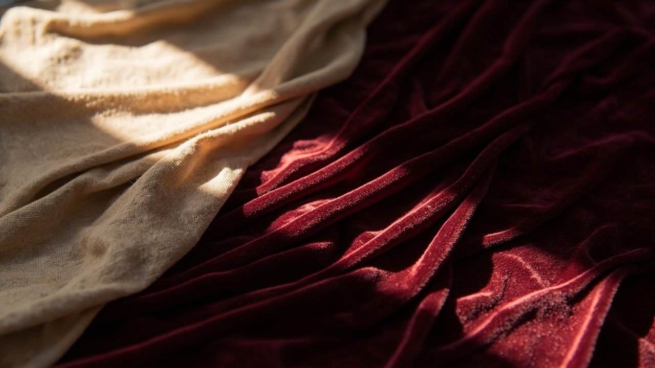 Velours bordeaux en gros plan, poil dressé et reflets changeants sous une lumière douce