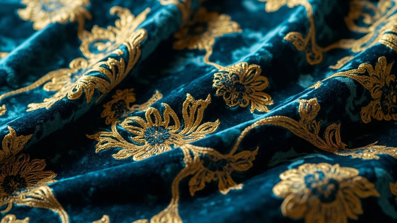 Velours vénitien aux motifs dorés sur fond bleu nuit