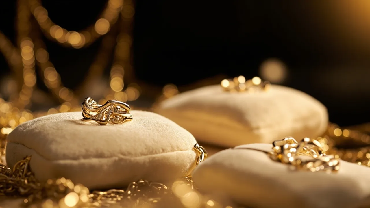 Vitrine de joaillerie présentant bagues et colliers en or sous éclairage muséal